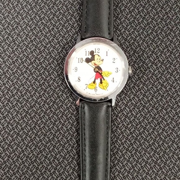 Timex Mickey Mouse Watch With Black Leather Strap & Silver Case - Picture 1 of 7